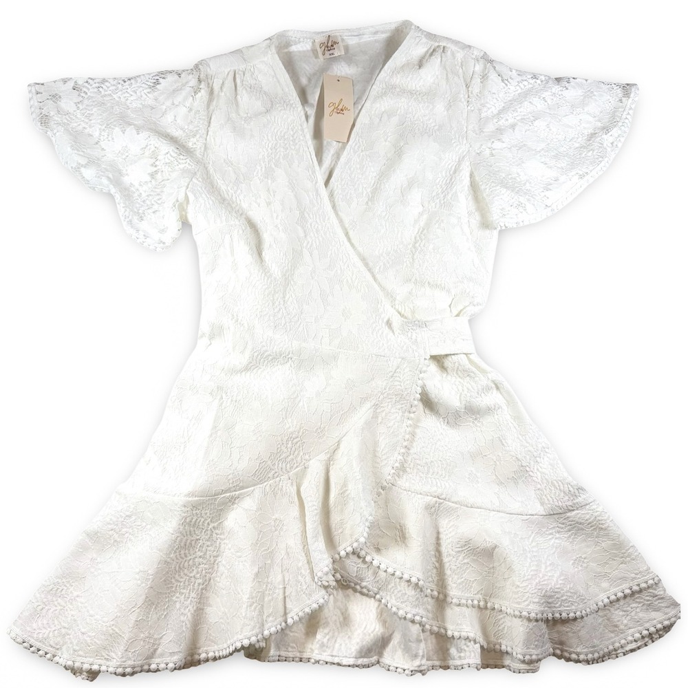 GLM Clothing White Floral Lace Wrap Dress Flutter Sleeve Pom Pom Trim XXL